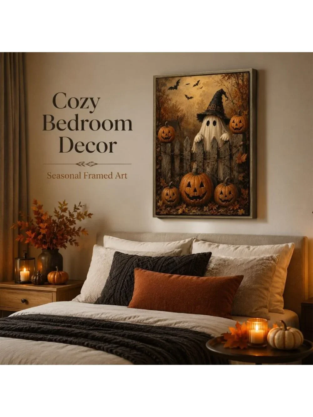 Cute Ghost & Pumpkin Halloween Framed Wall Art | Spooky Decor for Home